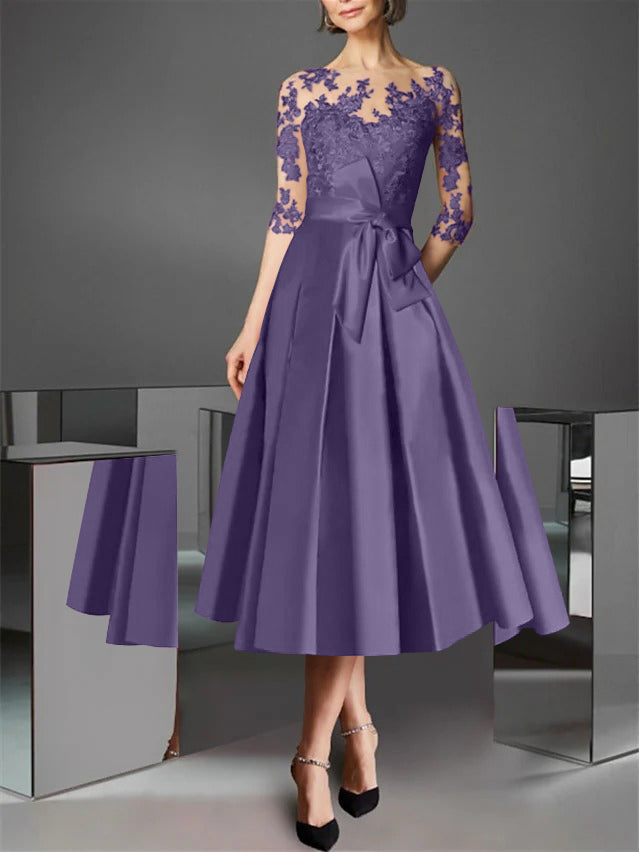 A-Line/Princess Illusion Neck Tea-Length Cocktail Dresses Satin Lace Half Sleeves Wedding Guest with Bowknot