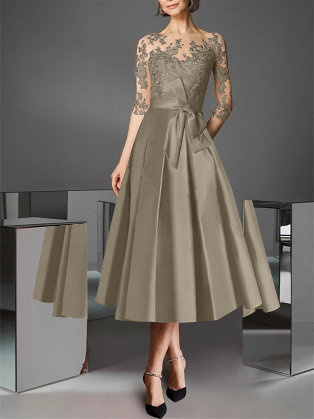 A-Line/Princess Illusion Neck Tea-Length Cocktail Dresses Satin Lace Half Sleeves Wedding Guest with Bowknot