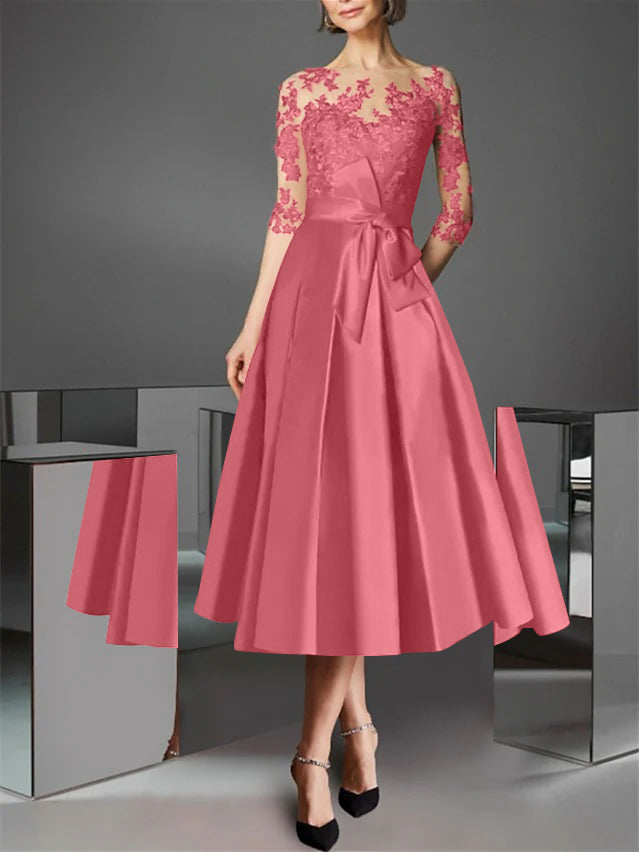 A-Line/Princess Illusion Neck Tea-Length Cocktail Dresses Satin Lace Half Sleeves Wedding Guest with Bowknot