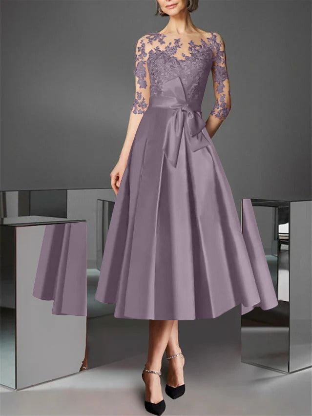 A-Line/Princess Illusion Neck Tea-Length Cocktail Dresses Satin Lace Half Sleeves Wedding Guest with Bowknot