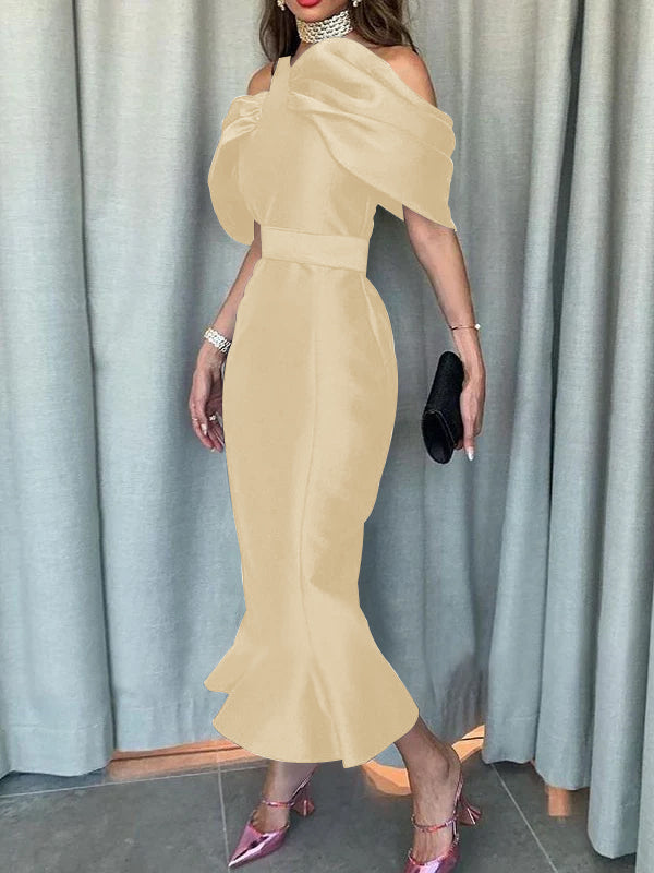 Off-the-Shoulder Formal Cocktail Dresses Mermaid/Trumpet Sleeves Party Dress Satin Ankle-Length With Ruffles