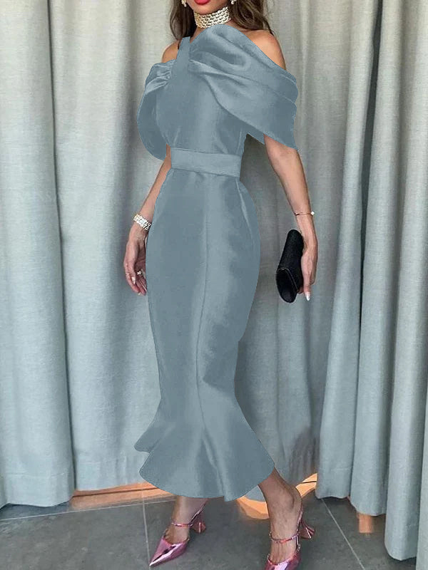 Off-the-Shoulder Formal Cocktail Dresses Mermaid/Trumpet Sleeves Party Dress Satin Ankle-Length With Ruffles