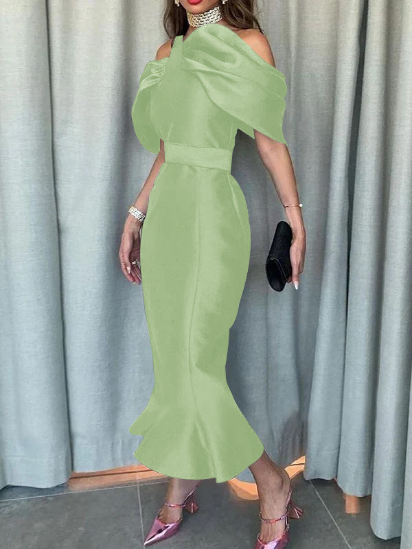 Off-the-Shoulder Formal Cocktail Dresses Mermaid/Trumpet Sleeves Party Dress Satin Ankle-Length With Ruffles