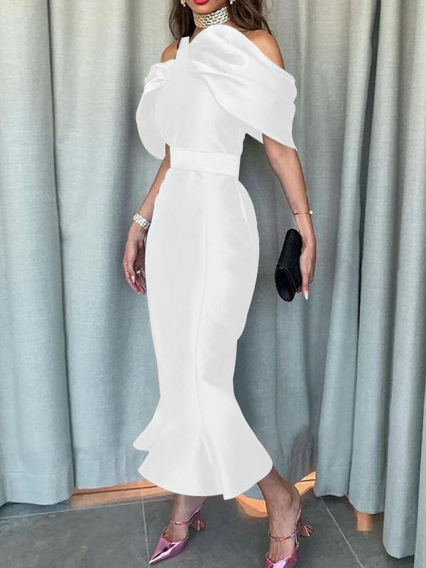 Off-the-Shoulder Formal Cocktail Dresses Mermaid/Trumpet Sleeves Party Dress Satin Ankle-Length With Ruffles