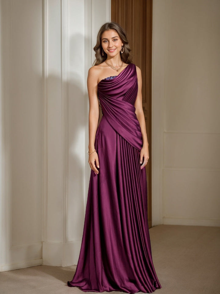 Sheath One Shoulder Sleeveless Floor Length Mother of the Bride Dresses with Pleats Crystals  Draping