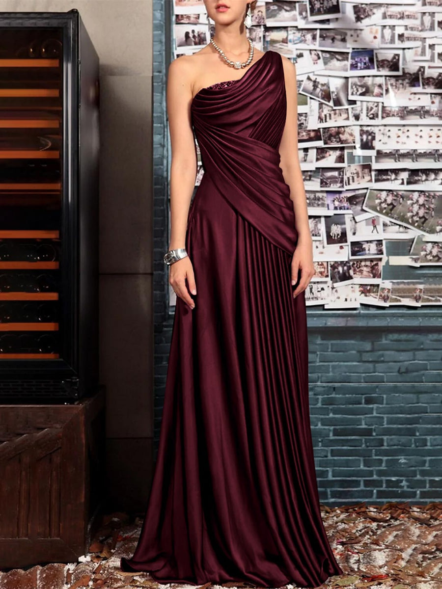 Sheath One Shoulder Sleeveless Floor Length Mother of the Bride Dresses with Pleats Crystals  Draping