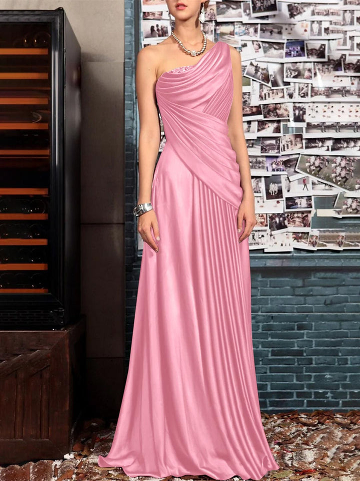 Sheath One Shoulder Sleeveless Floor Length Mother of the Bride Dresses with Pleats Crystals  Draping