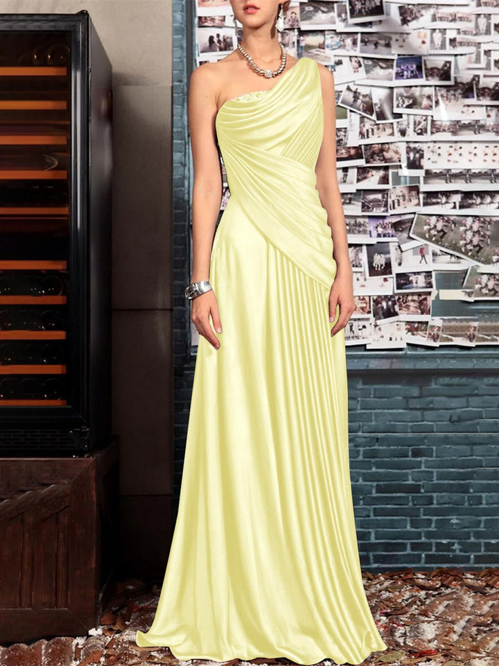 Sheath One Shoulder Sleeveless Floor Length Mother of the Bride Dresses with Pleats Crystals  Draping
