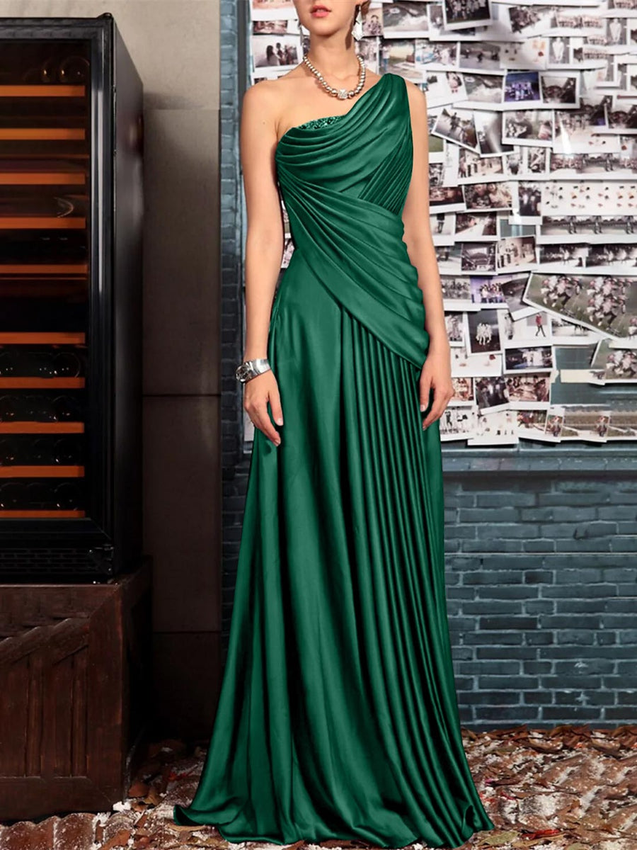 Sheath One Shoulder Sleeveless Floor Length Mother of the Bride Dresses with Pleats Crystals  Draping