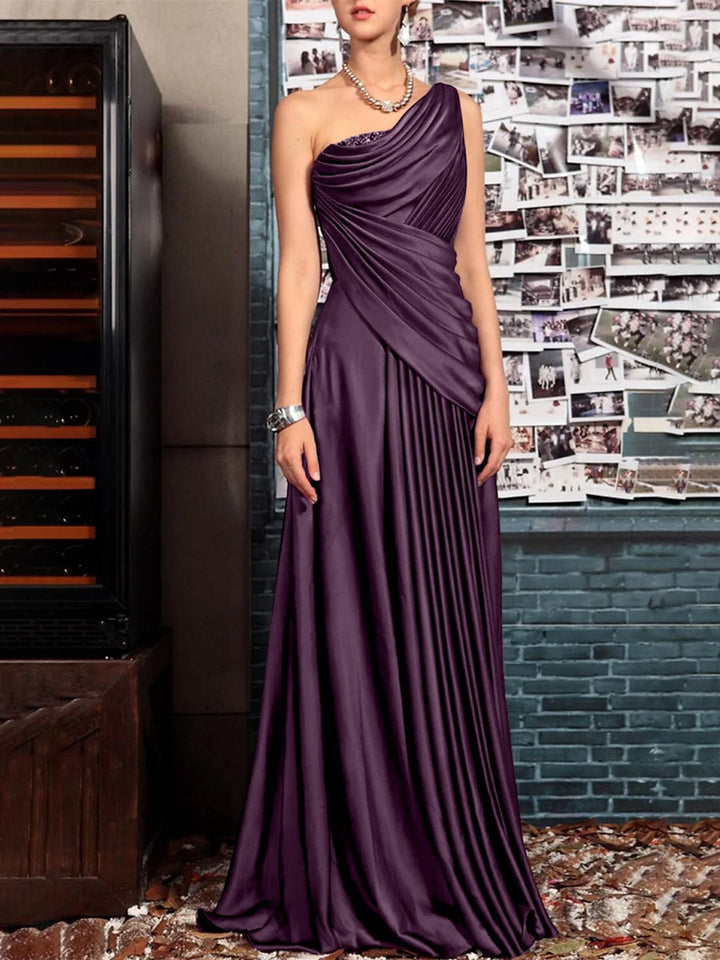 Sheath One Shoulder Sleeveless Floor Length Mother of the Bride Dresses with Pleats Crystals  Draping