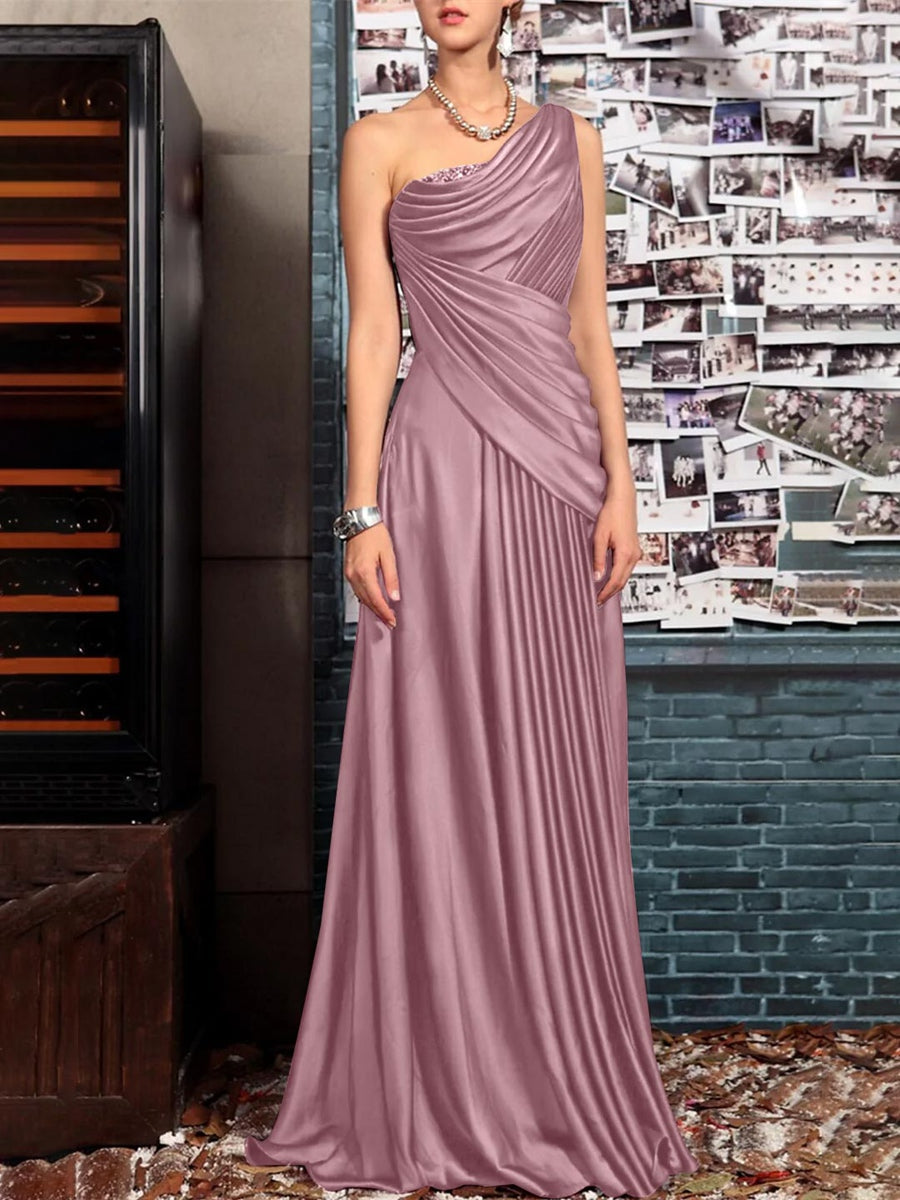 Sheath One Shoulder Sleeveless Floor Length Mother of the Bride Dresses with Pleats Crystals  Draping
