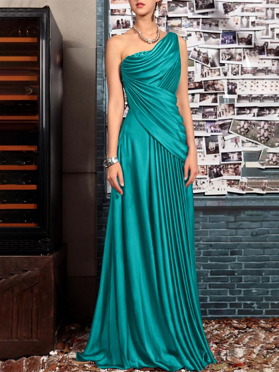 Sheath One Shoulder Sleeveless Floor Length Mother of the Bride Dresses with Pleats Crystals  Draping