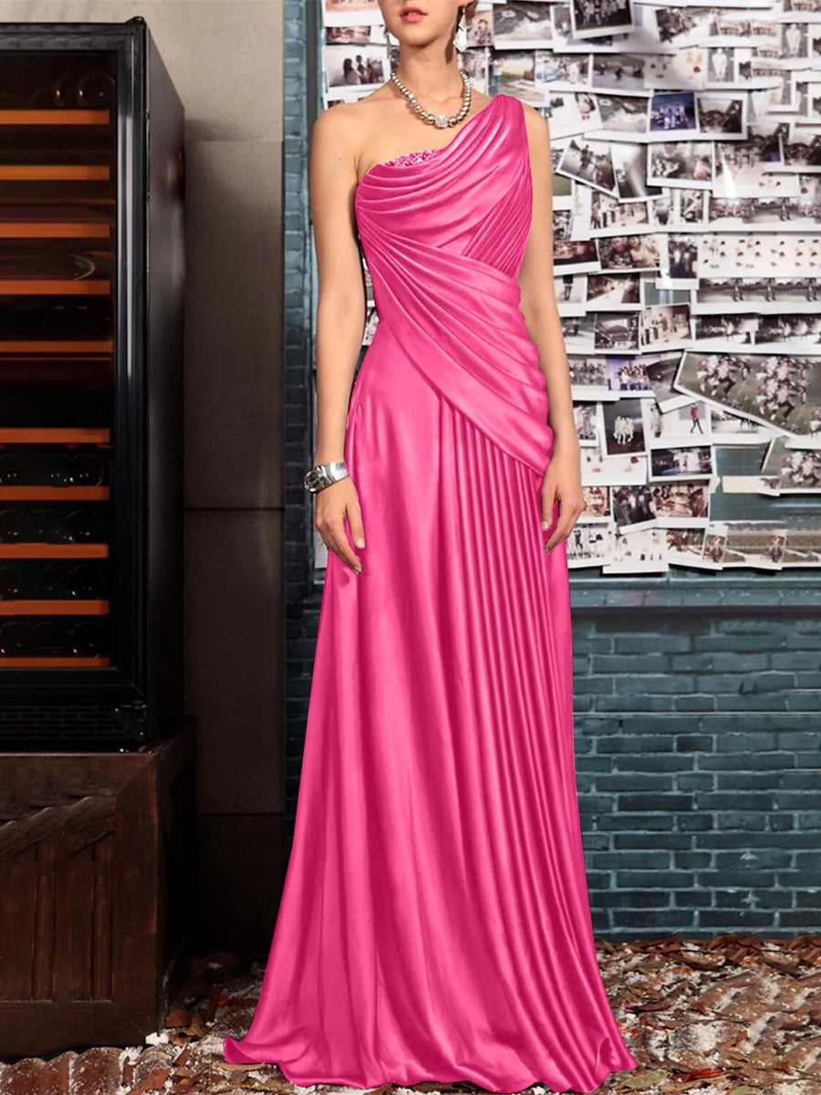 Sheath One Shoulder Sleeveless Floor Length Mother of the Bride Dresses with Pleats Crystals  Draping