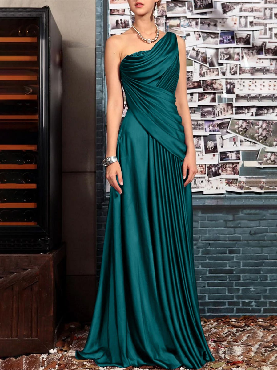Sheath One Shoulder Sleeveless Floor Length Mother of the Bride Dresses with Pleats Crystals  Draping