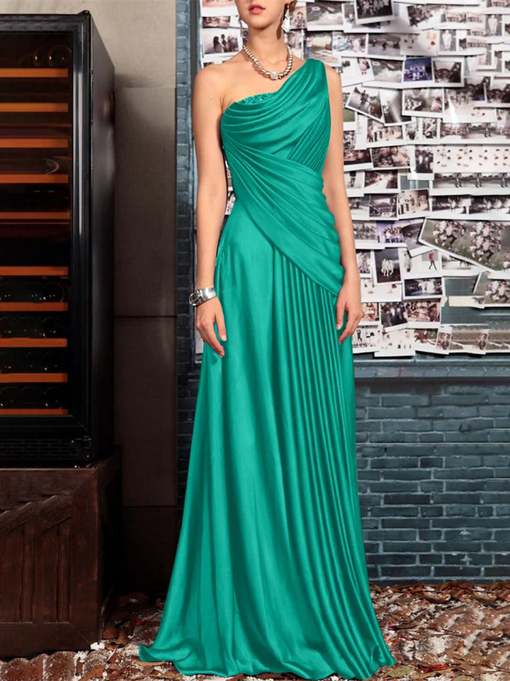 Sheath One Shoulder Sleeveless Floor Length Mother of the Bride Dresses with Pleats Crystals  Draping