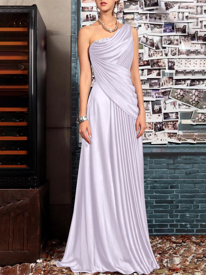 Sheath One Shoulder Sleeveless Floor Length Mother of the Bride Dresses with Pleats Crystals  Draping