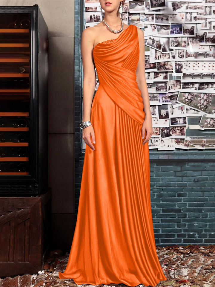 Sheath One Shoulder Sleeveless Floor Length Mother of the Bride Dresses with Pleats Crystals  Draping