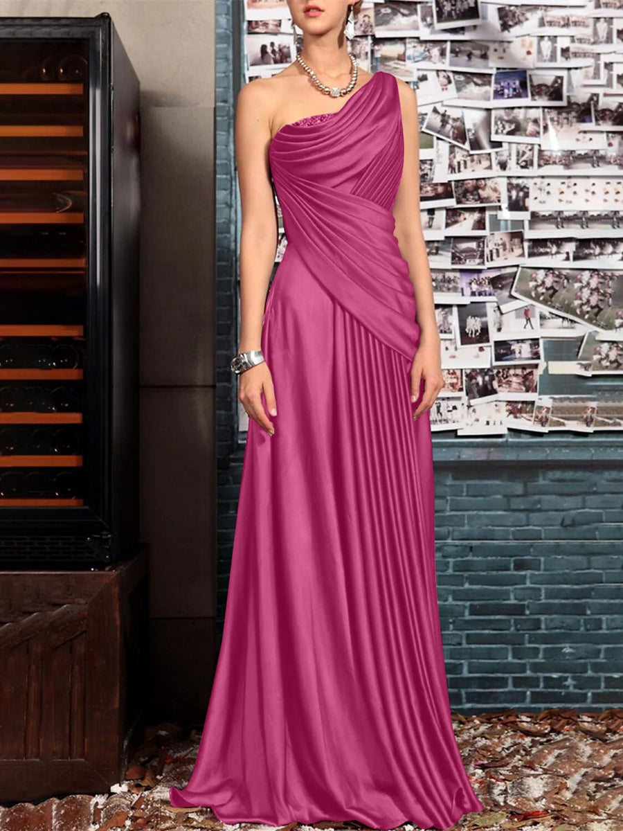 Sheath One Shoulder Sleeveless Floor Length Mother of the Bride Dresses with Pleats Crystals  Draping
