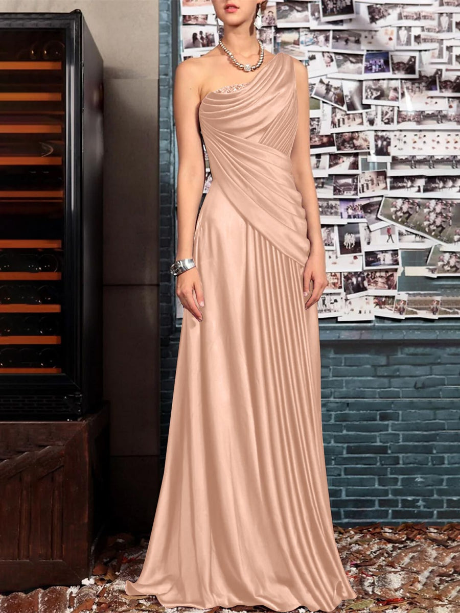 Sheath One Shoulder Sleeveless Floor Length Mother of the Bride Dresses with Pleats Crystals  Draping