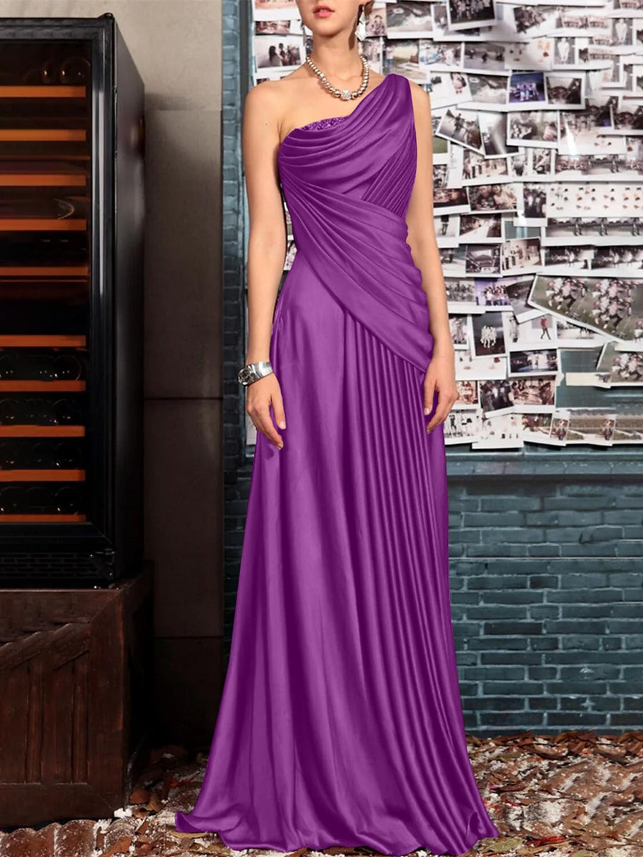 Sheath One Shoulder Sleeveless Floor Length Mother of the Bride Dresses with Pleats Crystals  Draping