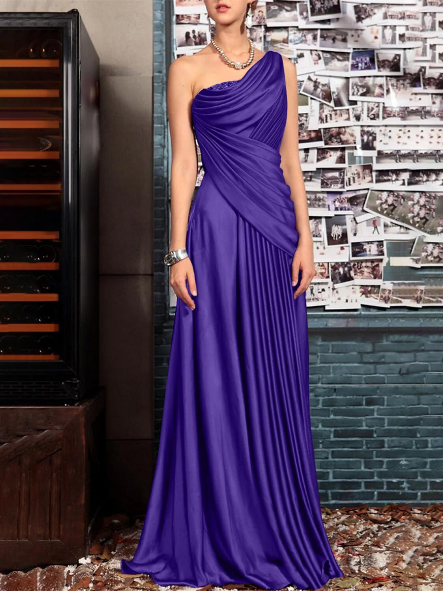 Sheath One Shoulder Sleeveless Floor Length Mother of the Bride Dresses with Pleats Crystals  Draping