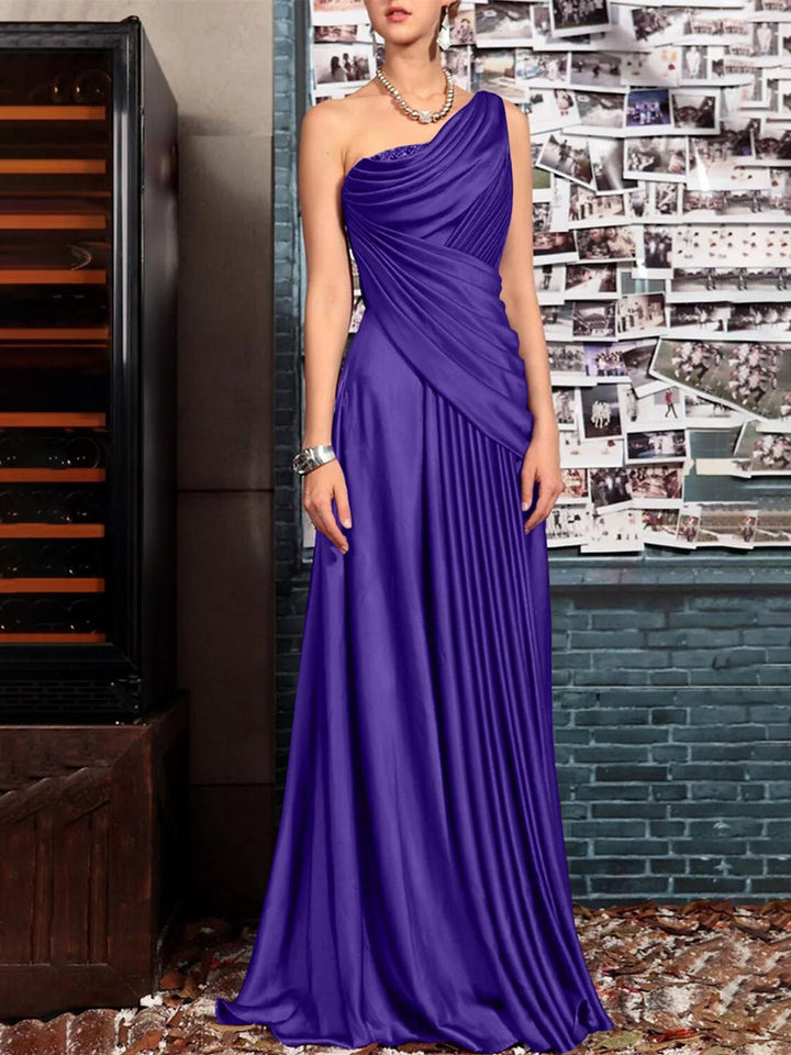 Sheath One Shoulder Sleeveless Floor Length Mother of the Bride Dresses with Pleats Crystals  Draping