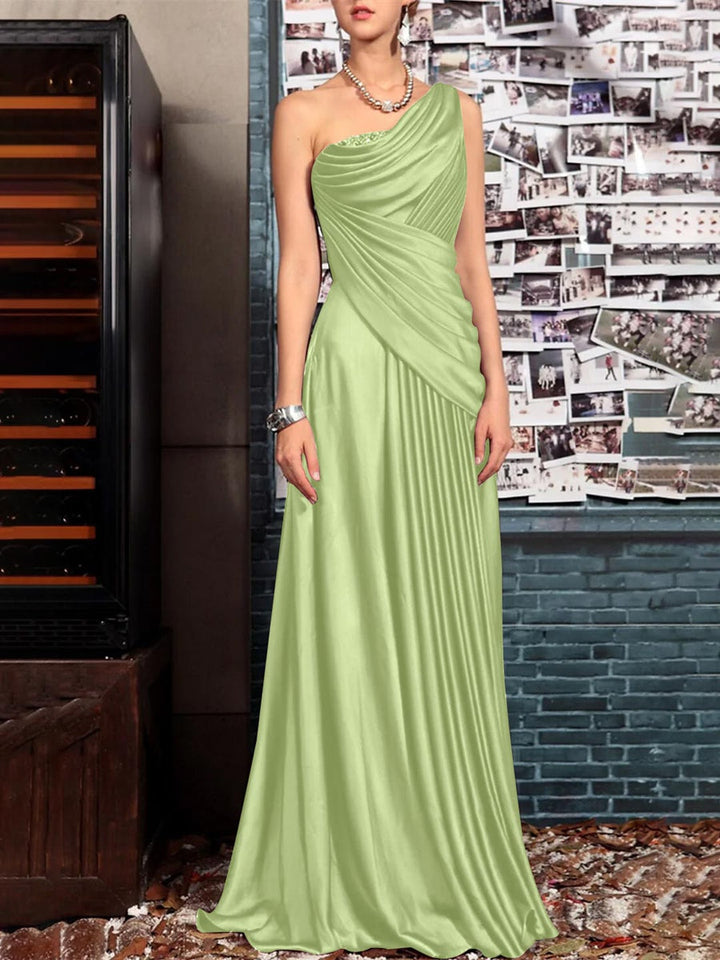 Sheath One Shoulder Sleeveless Floor Length Mother of the Bride Dresses with Pleats Crystals  Draping