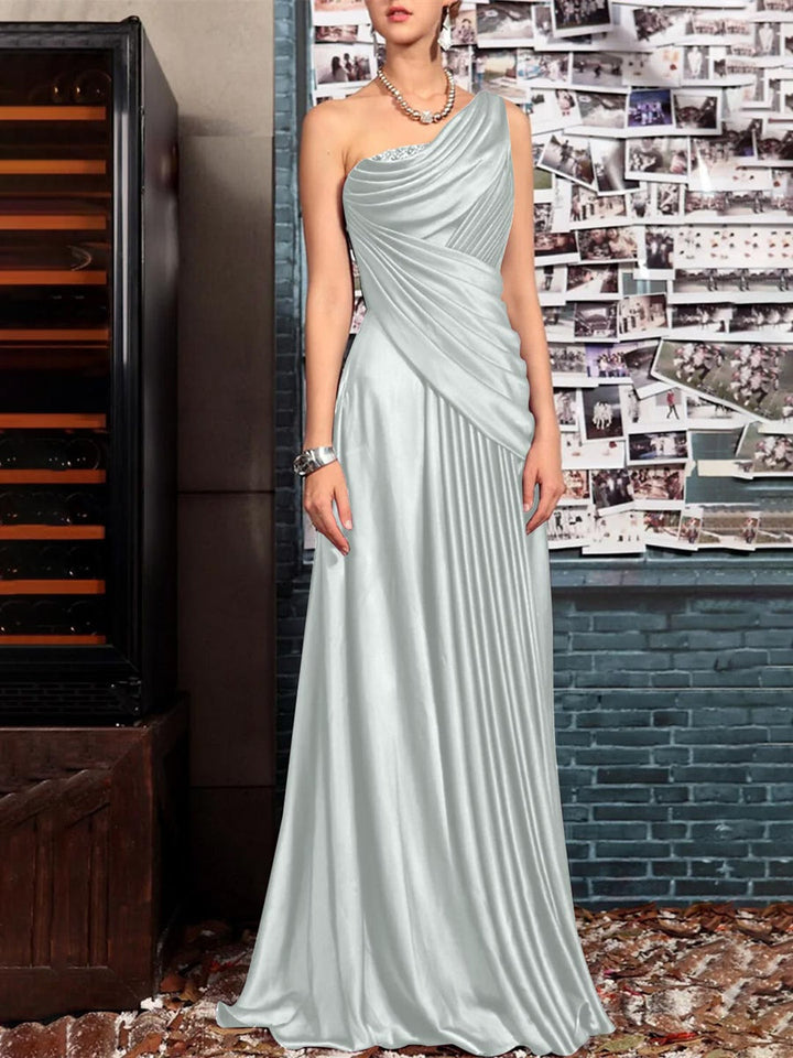 Sheath One Shoulder Sleeveless Floor Length Mother of the Bride Dresses with Pleats Crystals  Draping