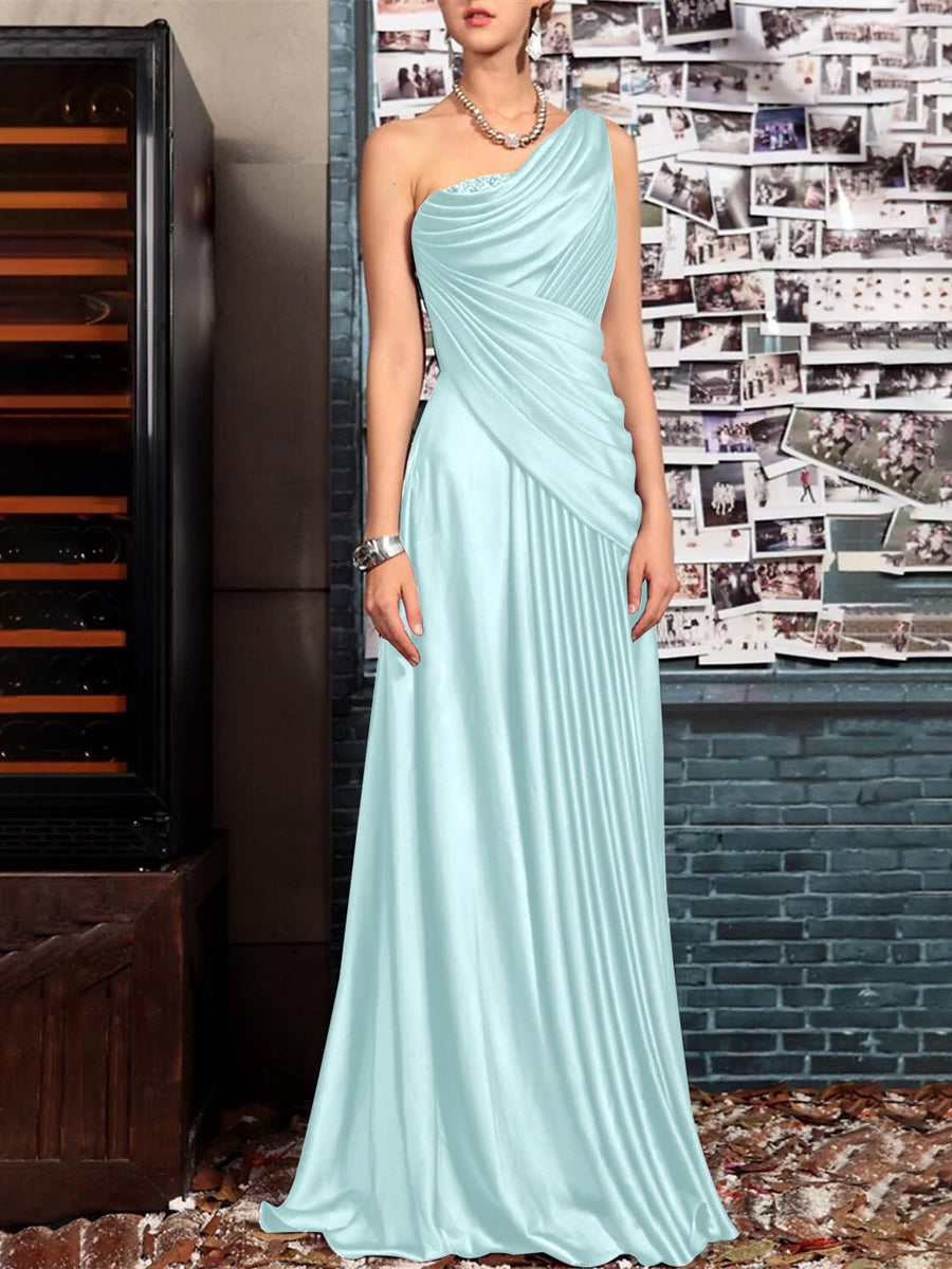 Sheath One Shoulder Sleeveless Floor Length Mother of the Bride Dresses with Pleats Crystals  Draping