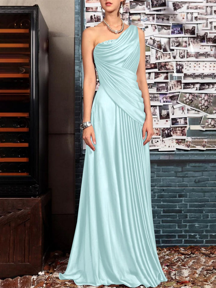 Sheath One Shoulder Sleeveless Floor Length Mother of the Bride Dresses with Pleats Crystals  Draping
