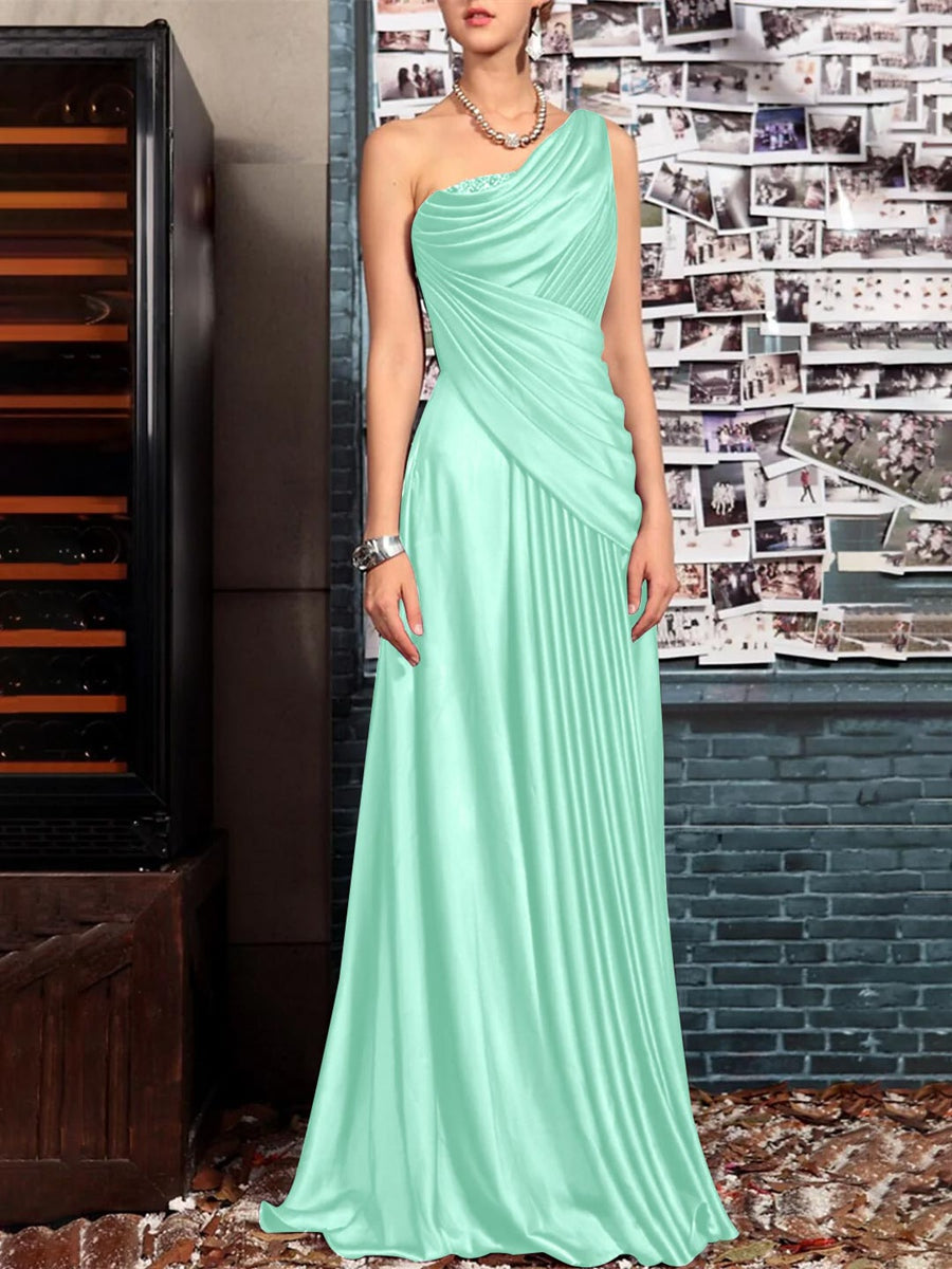 Sheath One Shoulder Sleeveless Floor Length Mother of the Bride Dresses with Pleats Crystals  Draping