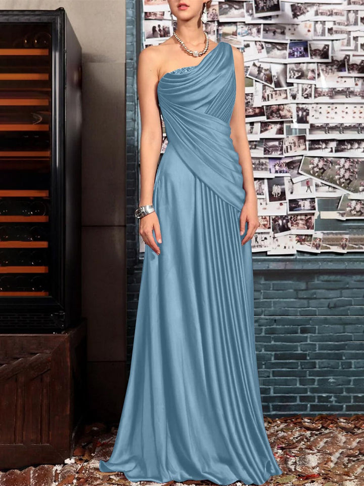 Sheath One Shoulder Sleeveless Floor Length Mother of the Bride Dresses with Pleats Crystals  Draping