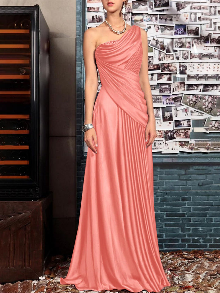 Sheath One Shoulder Sleeveless Floor Length Mother of the Bride Dresses with Pleats Crystals  Draping