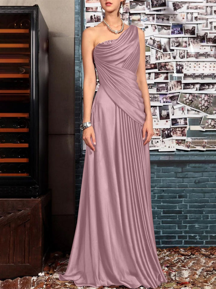 Sheath One Shoulder Sleeveless Floor Length Mother of the Bride Dresses with Pleats Crystals  Draping