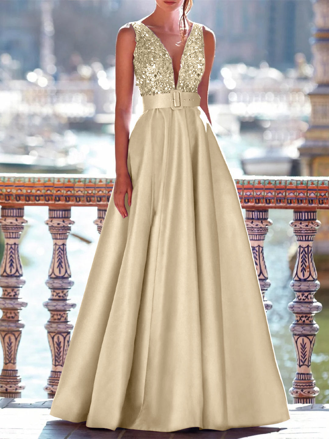 A-Line Floor Length Sleeveless V Neck Prom Dress Pocket Satin with Pearls