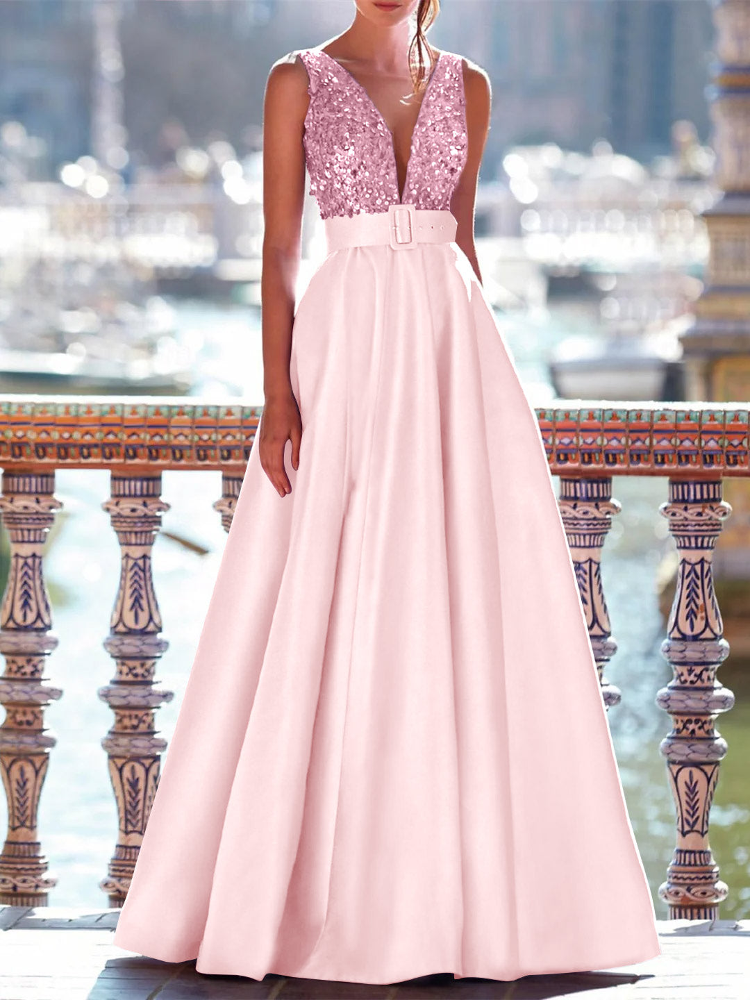 A-Line Floor Length Sleeveless V Neck Prom Dress Pocket Satin with Pearls