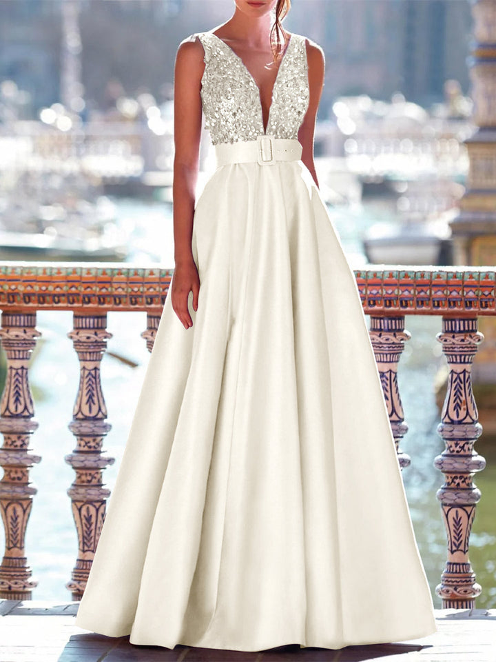 A-Line Floor Length Sleeveless V Neck Prom Dress Pocket Satin with Pearls