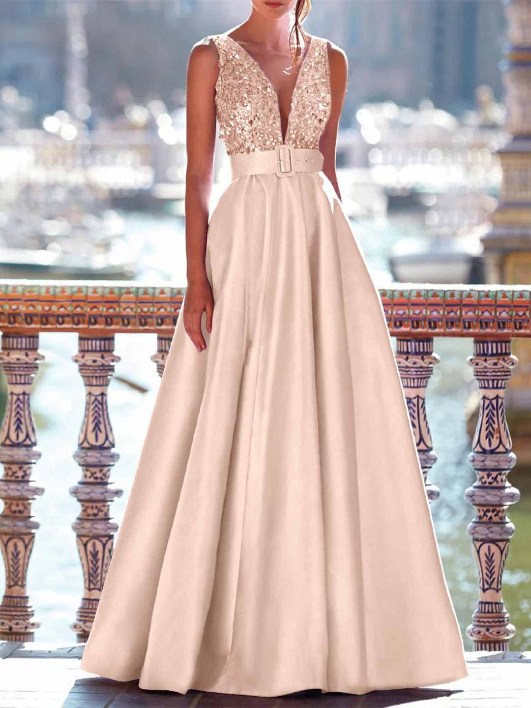 A-Line Floor Length Sleeveless V Neck Prom Dress Pocket Satin with Pearls