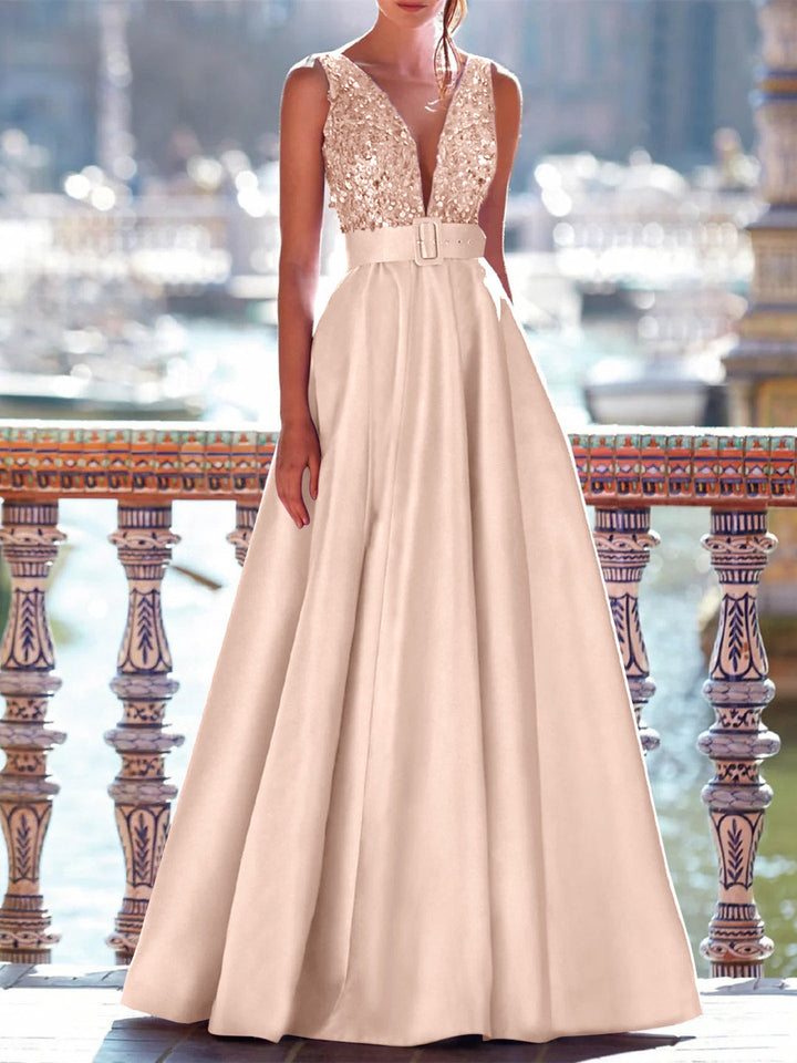 A-Line Floor Length Sleeveless V Neck Prom Dress Pocket Satin with Pearls