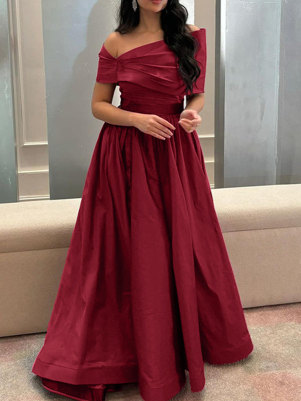 A-Line/Princess Off-the-shoulder Evening Dresses Sleeveless Floor Length Satin Formal Party Dresses