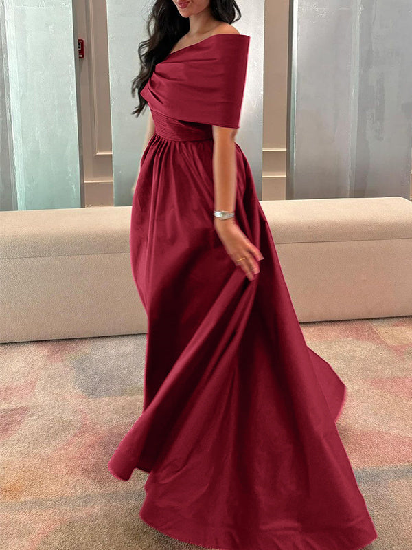 A-Line/Princess Off-the-shoulder Evening Dresses Sleeveless Floor Length Satin Formal Party Dresses