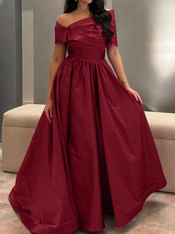 A-Line/Princess Off-the-shoulder Evening Dresses Sleeveless Floor Length Satin Formal Party Dresses