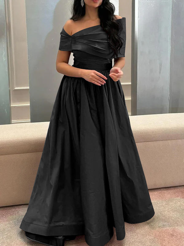 A-Line/Princess Off-the-shoulder Evening Dresses Sleeveless Floor Length Satin Formal Party Dresses