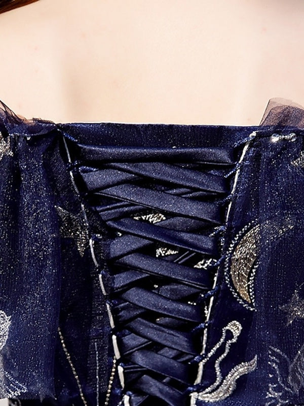 A-Line/Princess Off-the-Shoulder Short Sleeves  Floor-Length Long Formal Dresses With Tiered & Embroidery