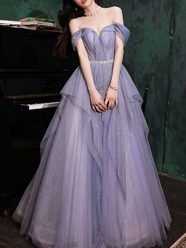 A-Line/Princess Off-the-Shoulder Sleeveless Floor-Length Long Formal Dresses With Sequin