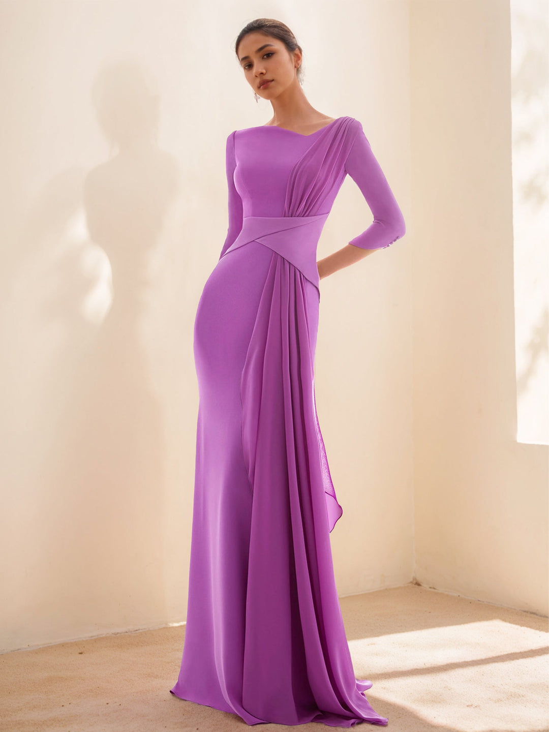 Sheath/Column Evening Dresses Closed neck 3/4 Length Sleeves Floor-length Prom Party Dress With Ruffles