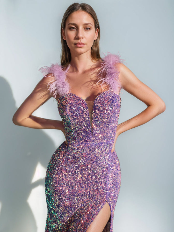 Sheath/Column V-Neck Evening Dresses Sleeveless Floor-Length Prom Party Dresses With Sequins & Feather