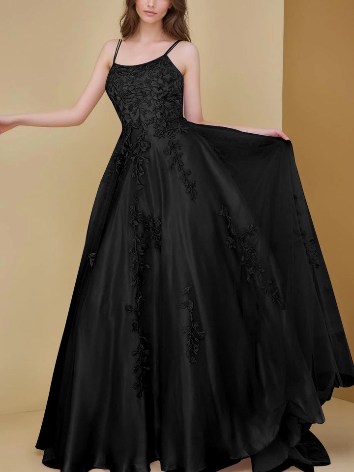 A-Line/Princess Spaghetti Straps Formal Dresses Sleeveless Floor-Length Evening Party Dress with Appliques
