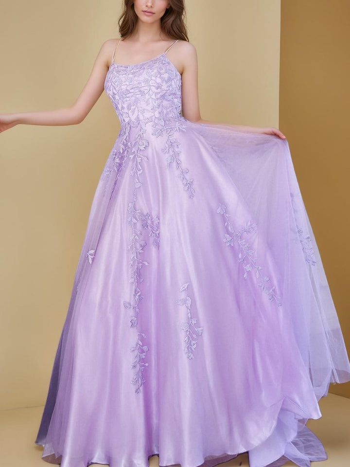 A-Line/Princess Spaghetti Straps Formal Dresses Sleeveless Floor-Length Evening Party Dress with Appliques
