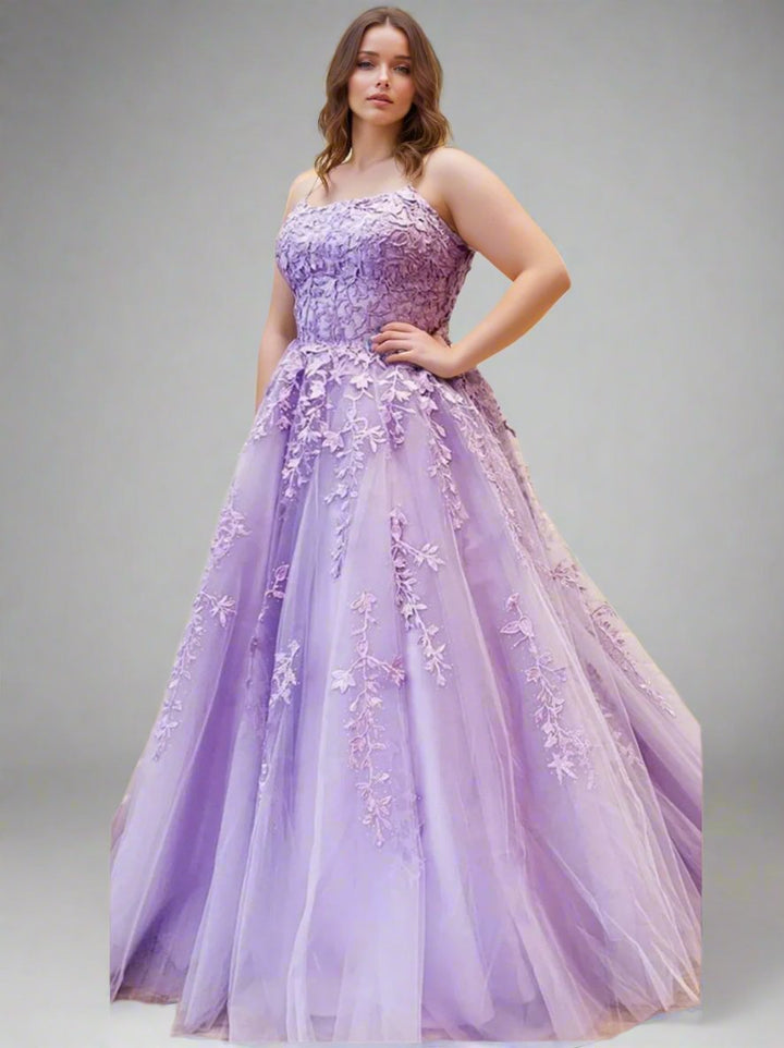 A-Line/Princess Spaghetti Straps Formal Dresses Sleeveless Floor-Length Evening Party Dress with Appliques